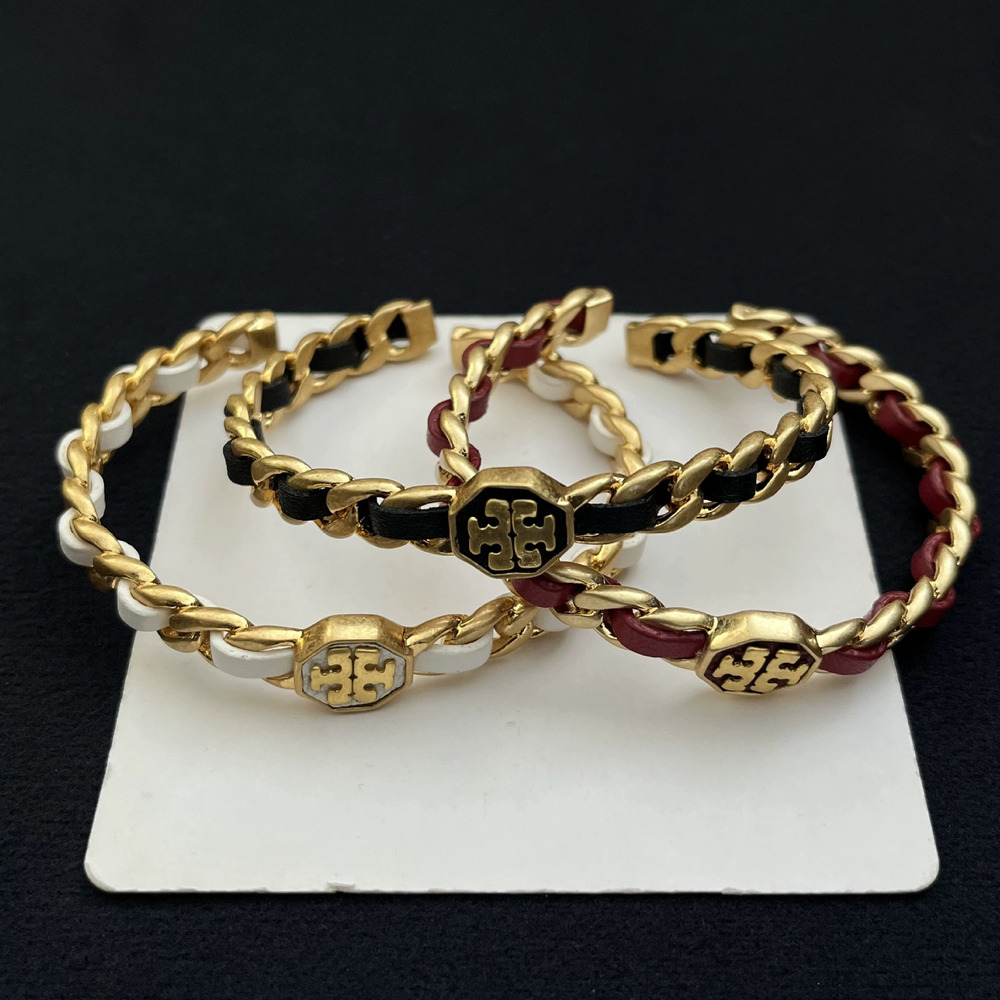 Tory Burch Leather Woven Chain Open Metal Bracelet